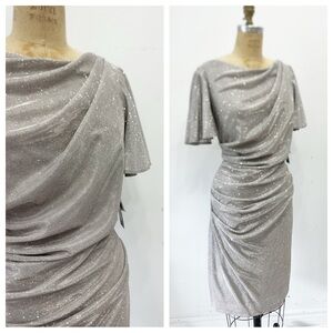 BETSY & ADAM silver ruched column dress with flutter sleeves. Size 14.